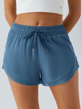 Halara Blue Mid Rise Drawstring Contrast Mesh 2-in-1 Flowy Running Shorts 3''